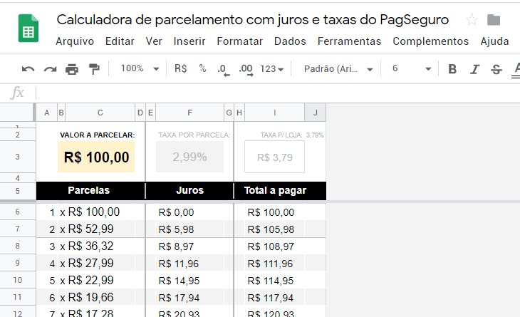 Calculadora de parcelas com juros e taxas do PagSeguro-pc