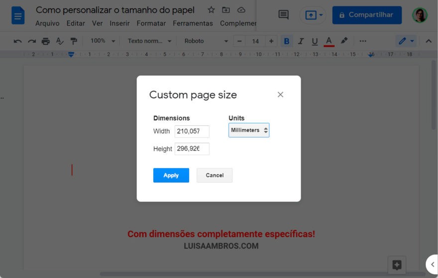 como personalizar tamanho do papel google docs com dimensões específicas