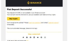 E-mail de confirmação de recebimento de depósito em PIX no Binance