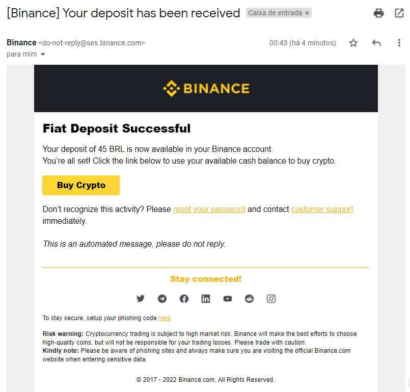 E-mail de confirmação de recebimento de depósito em PIX no Binance