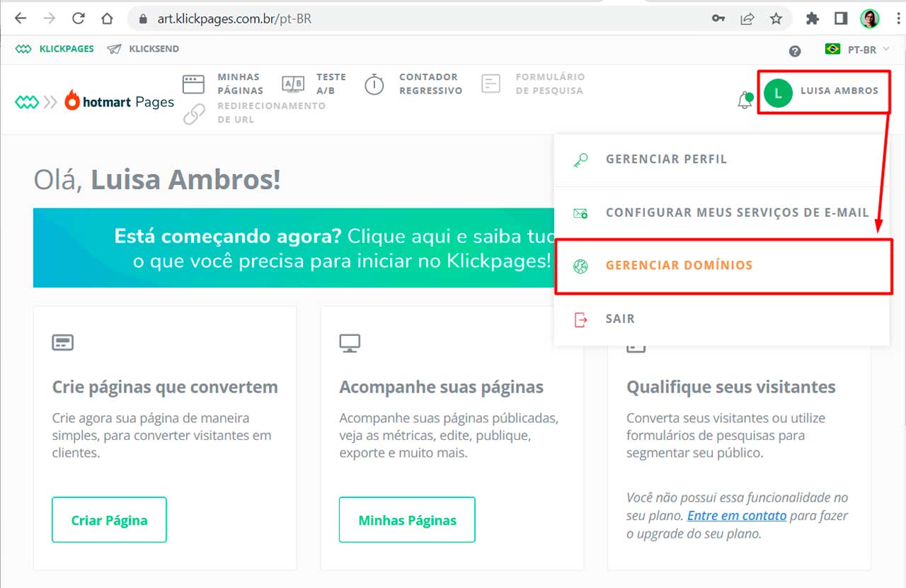 como adicionar domínio no klickpages