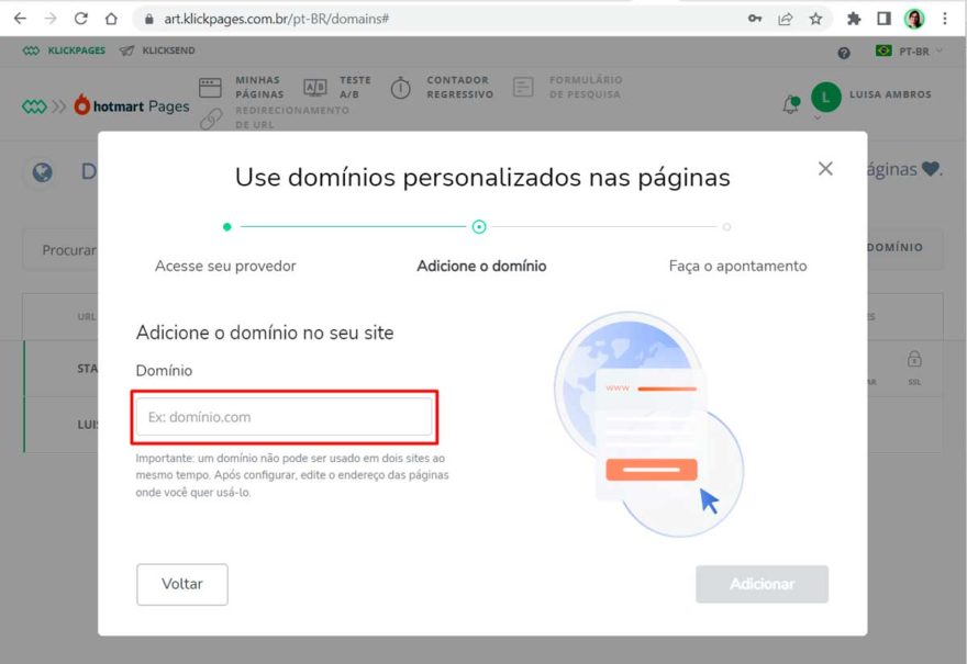 como apontar domínio klickpages