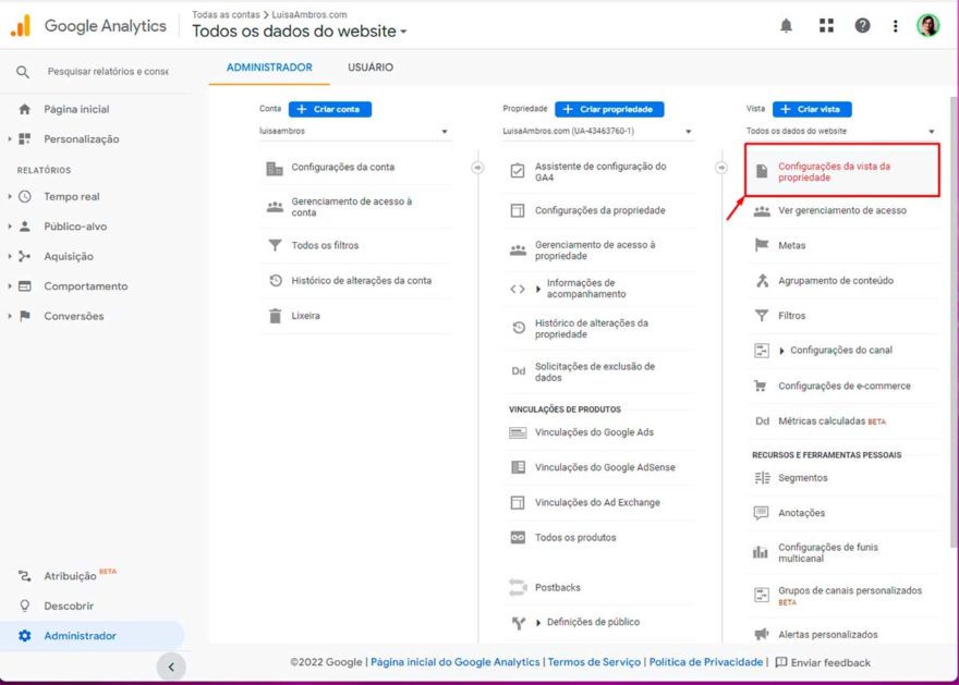 configurações da vista de propriedade do Google Analytics